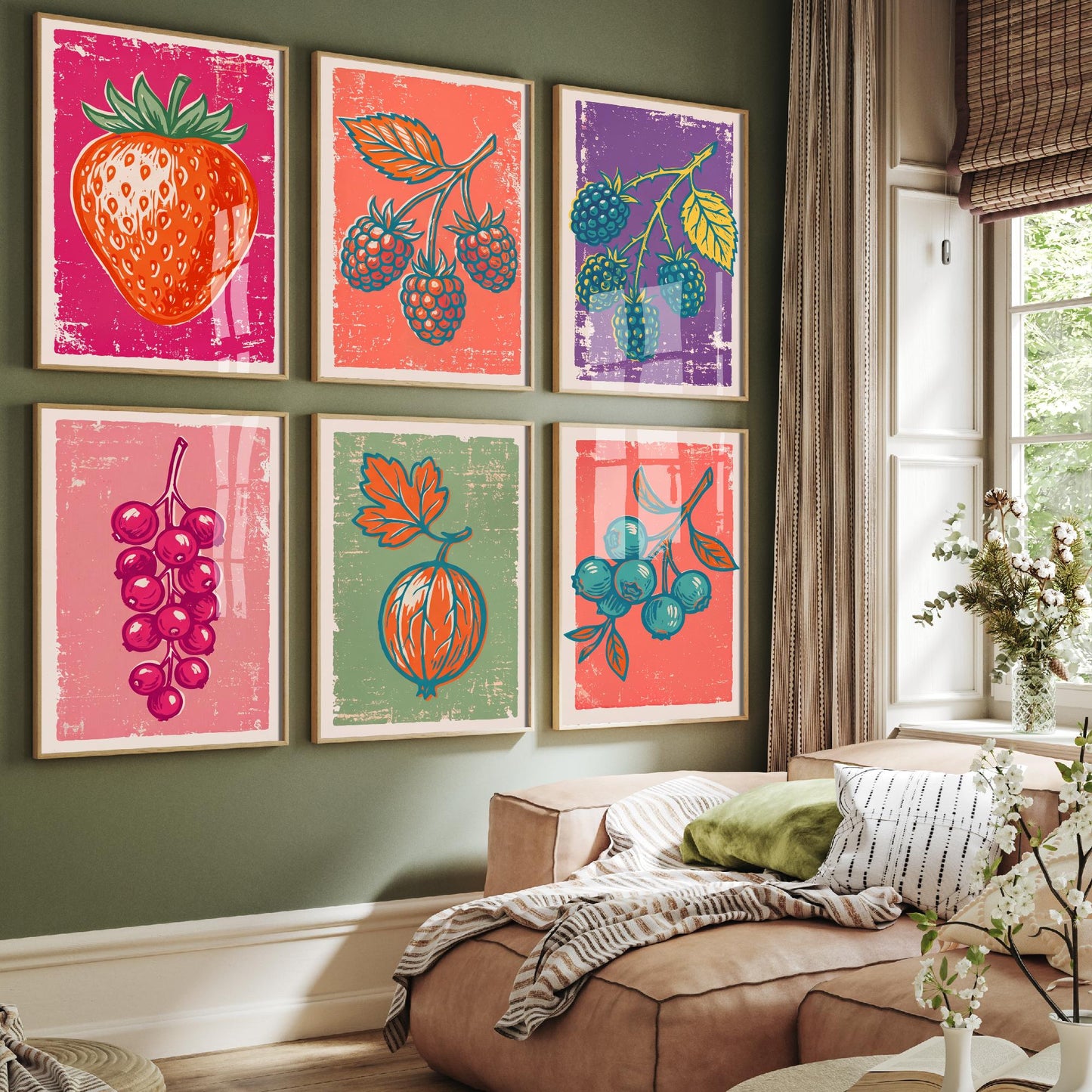 Set of Six Summer Berries Art Prints - 6 Linocut Fruit Illustrations - Strawberry, Raspberry, Blackberry, Redcurrant, Blueberry Posters