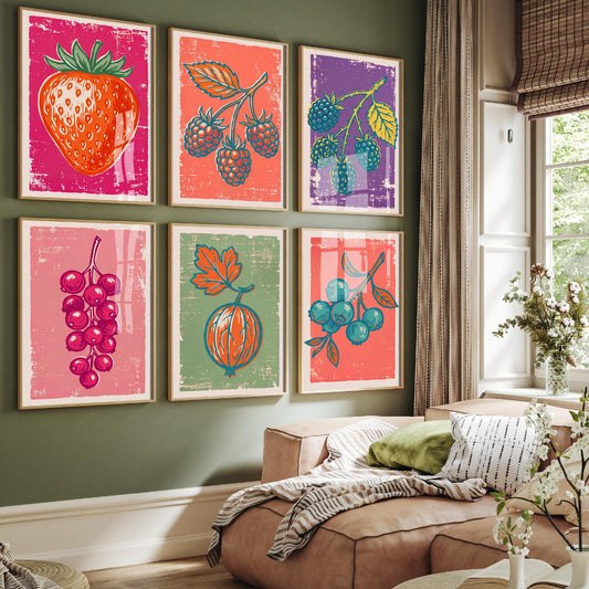 Set of Six Summer Berries Art Prints - 6 Linocut Fruit Illustrations - Strawberry, Raspberry, Blackberry, Redcurrant, Blueberry Posters