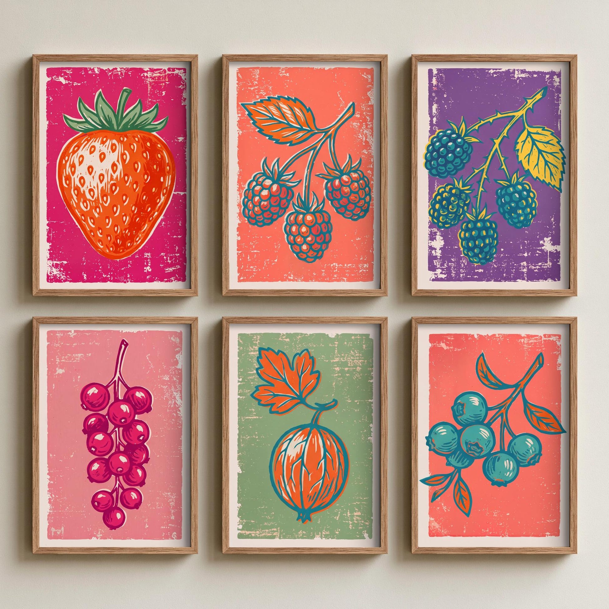 Set of Six Summer Berries Art Prints - 6 Linocut Fruit Illustrations - Strawberry, Raspberry, Blackberry, Redcurrant, Blueberry Posters