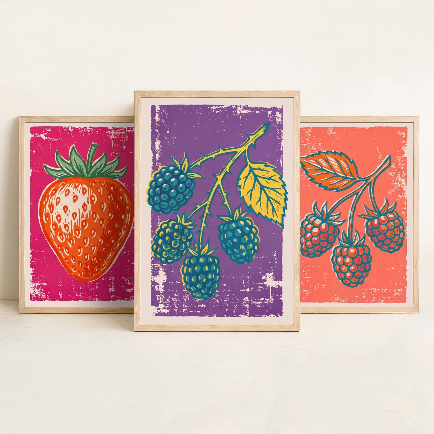 Strawberry, Raspberry and Blackberry - Set of Three Summer Berries Art Prints - Linocut Illustrations - Fruit Kitchen Posters V1