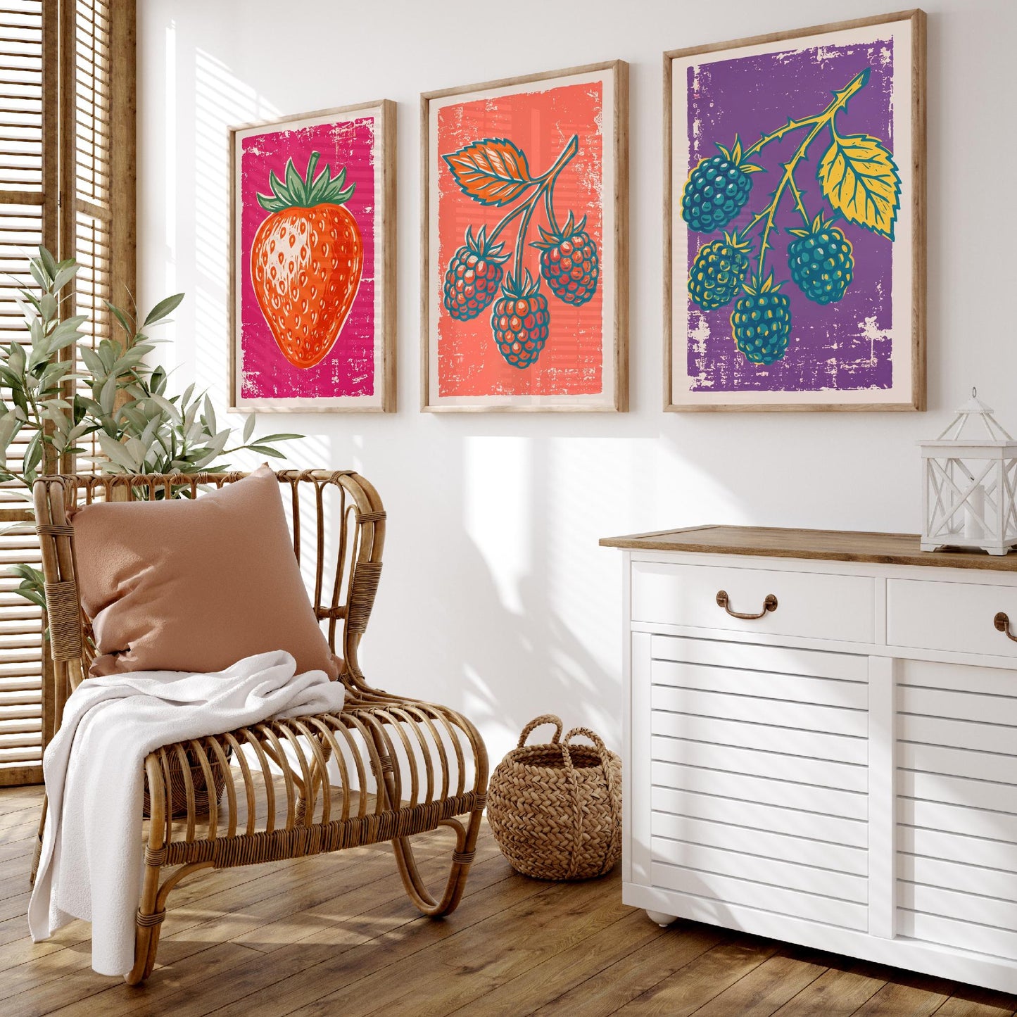 Strawberry, Raspberry and Blackberry - Set of Three Summer Berries Art Prints - Linocut Illustrations - Fruit Kitchen Posters V1