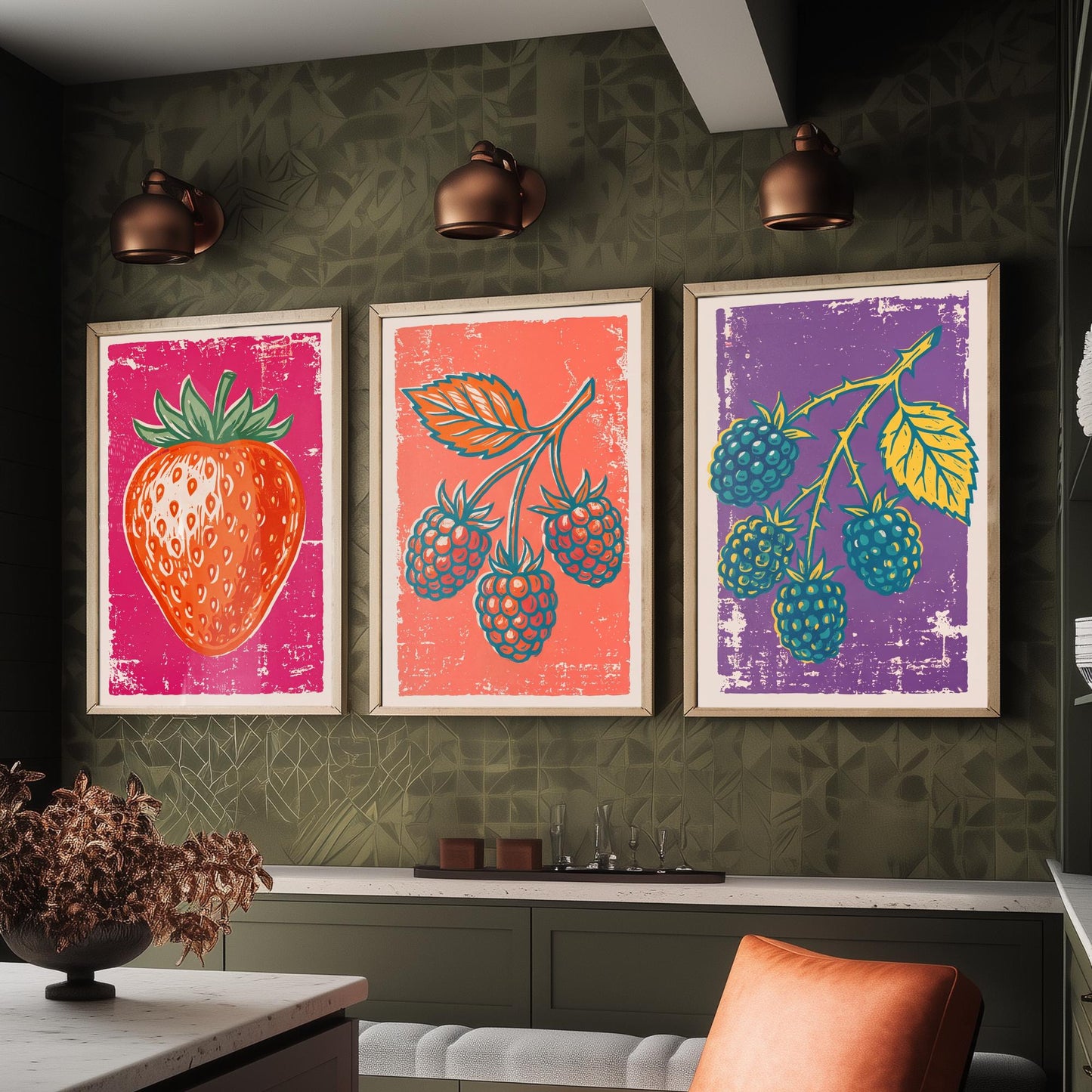 Strawberry, Raspberry and Blackberry - Set of Three Summer Berries Art Prints - Linocut Illustrations - Fruit Kitchen Posters V1