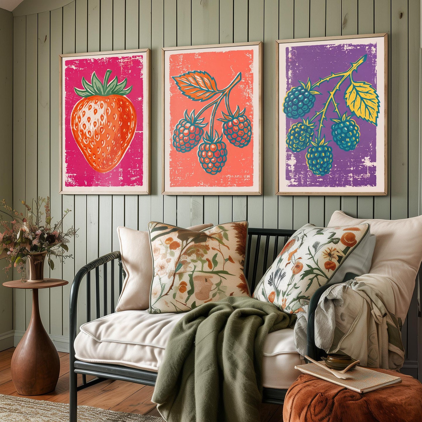 Strawberry, Raspberry and Blackberry - Set of Three Summer Berries Art Prints - Linocut Illustrations - Fruit Kitchen Posters V1