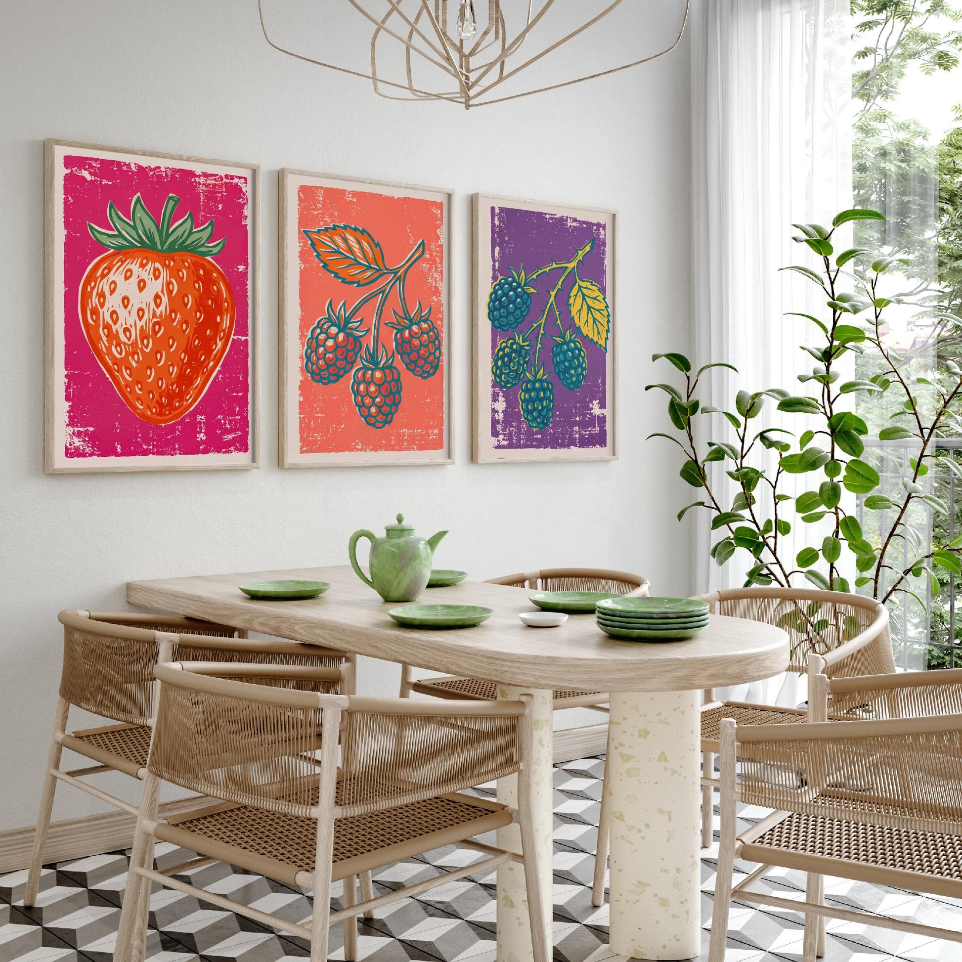 Strawberry, Raspberry and Blackberry - Set of Three Summer Berries Art Prints - Linocut Illustrations - Fruit Kitchen Posters V1