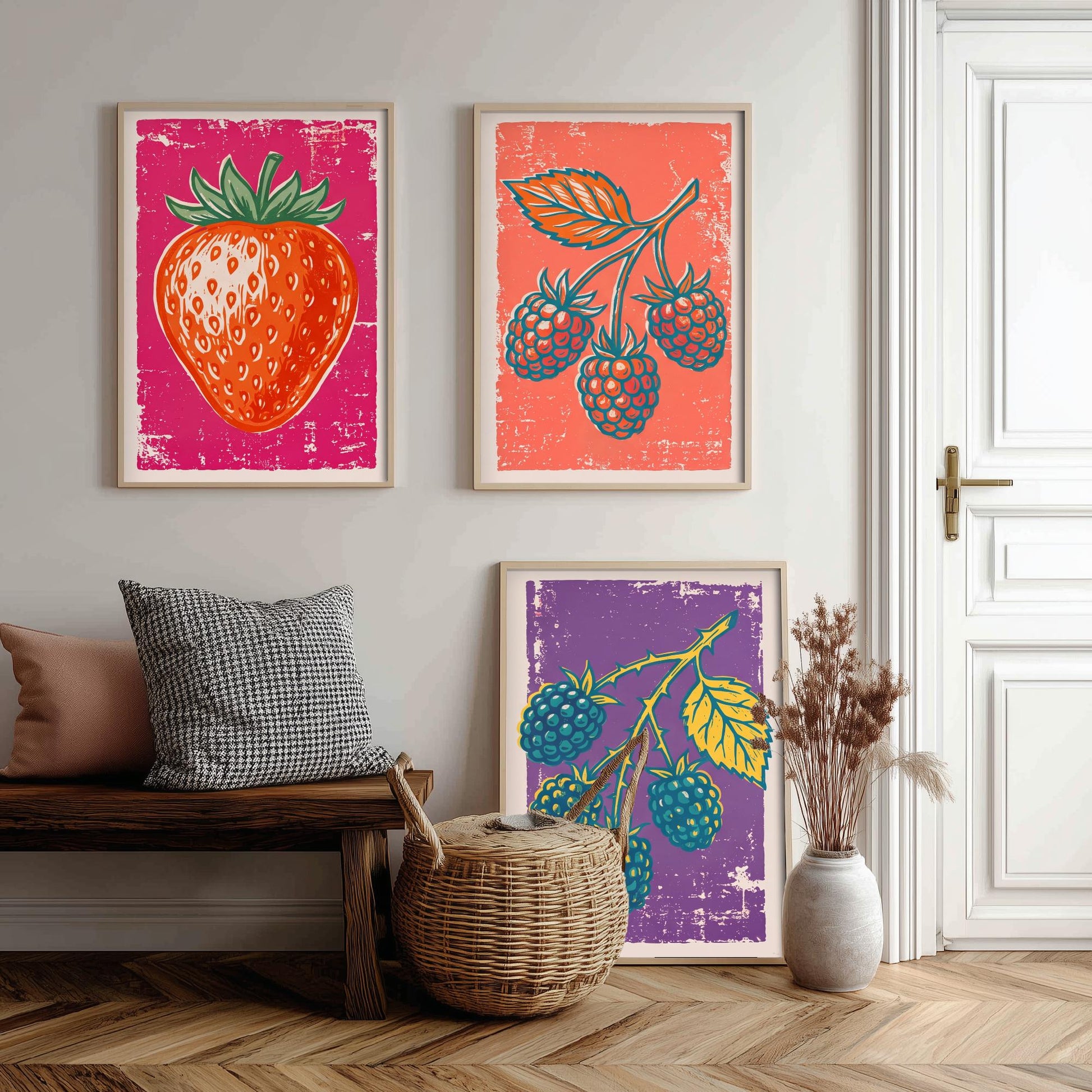 Strawberry, Raspberry and Blackberry - Set of Three Summer Berries Art Prints - Linocut Illustrations - Fruit Kitchen Posters V1