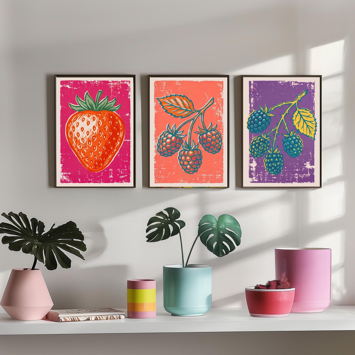 Strawberry, Raspberry and Blackberry - Set of Three Summer Berries Art Prints - Linocut Illustrations - Fruit Kitchen Posters V1