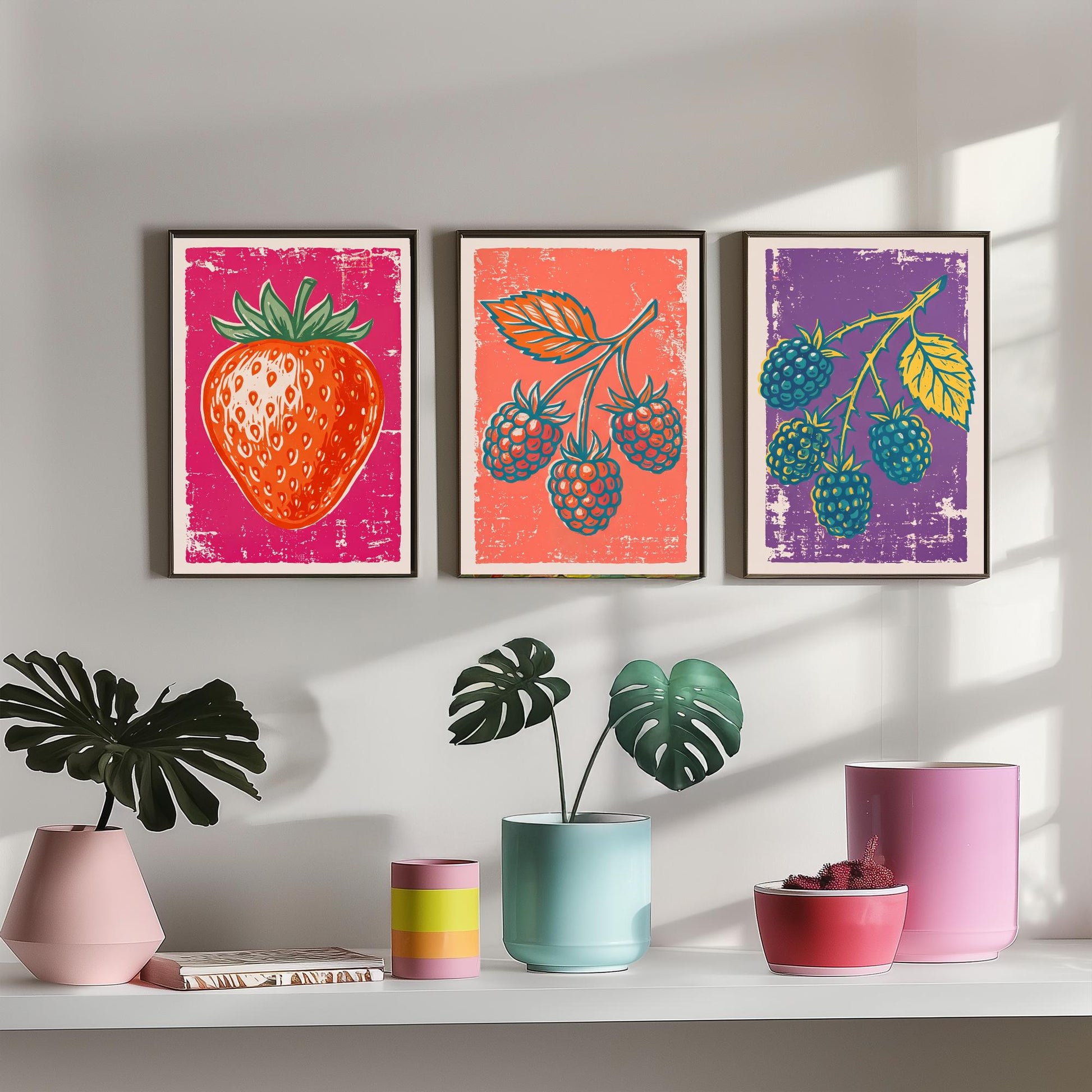 Strawberry, Raspberry and Blackberry - Set of Three Summer Berries Art Prints - Linocut Illustrations - Fruit Kitchen Posters V1