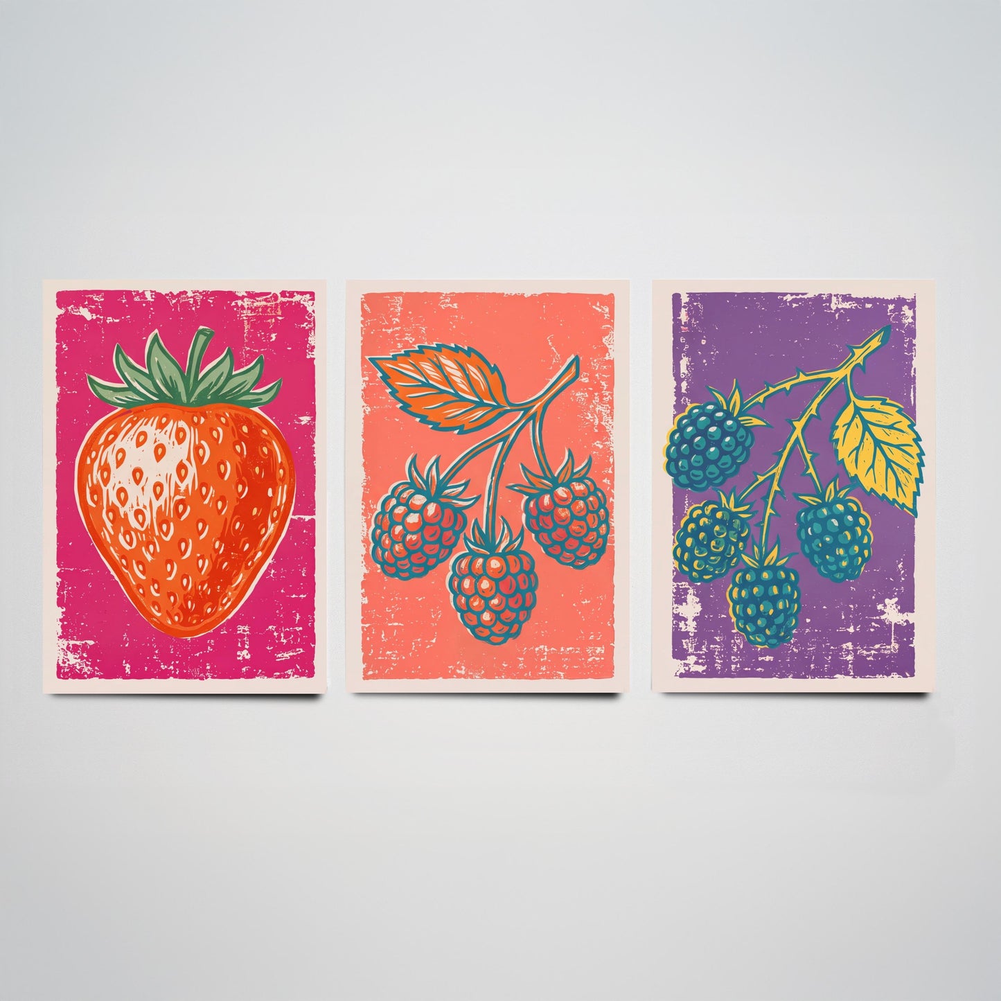 Strawberry, Raspberry and Blackberry - Set of Three Summer Berries Art Prints - Linocut Illustrations - Fruit Kitchen Posters V1