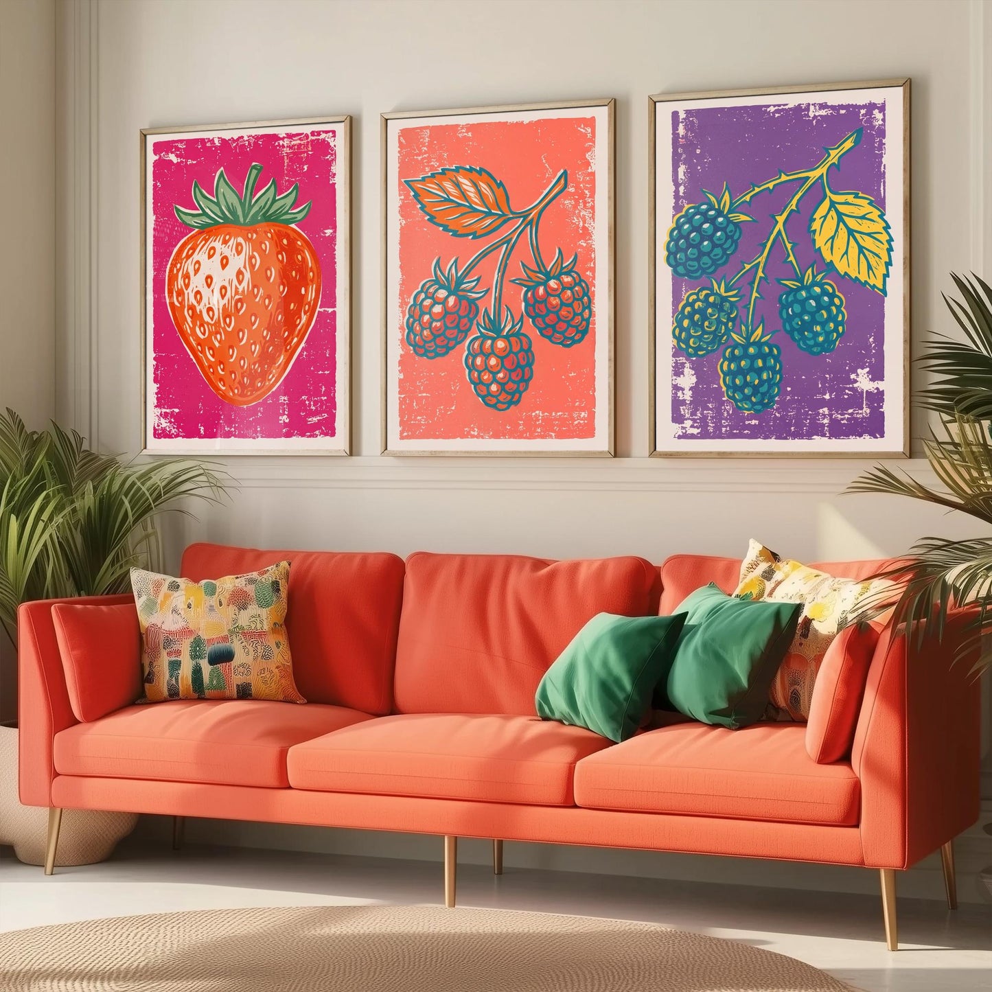 Strawberry, Raspberry and Blackberry - Set of Three Summer Berries Art Prints - Linocut Illustrations - Fruit Kitchen Posters V1