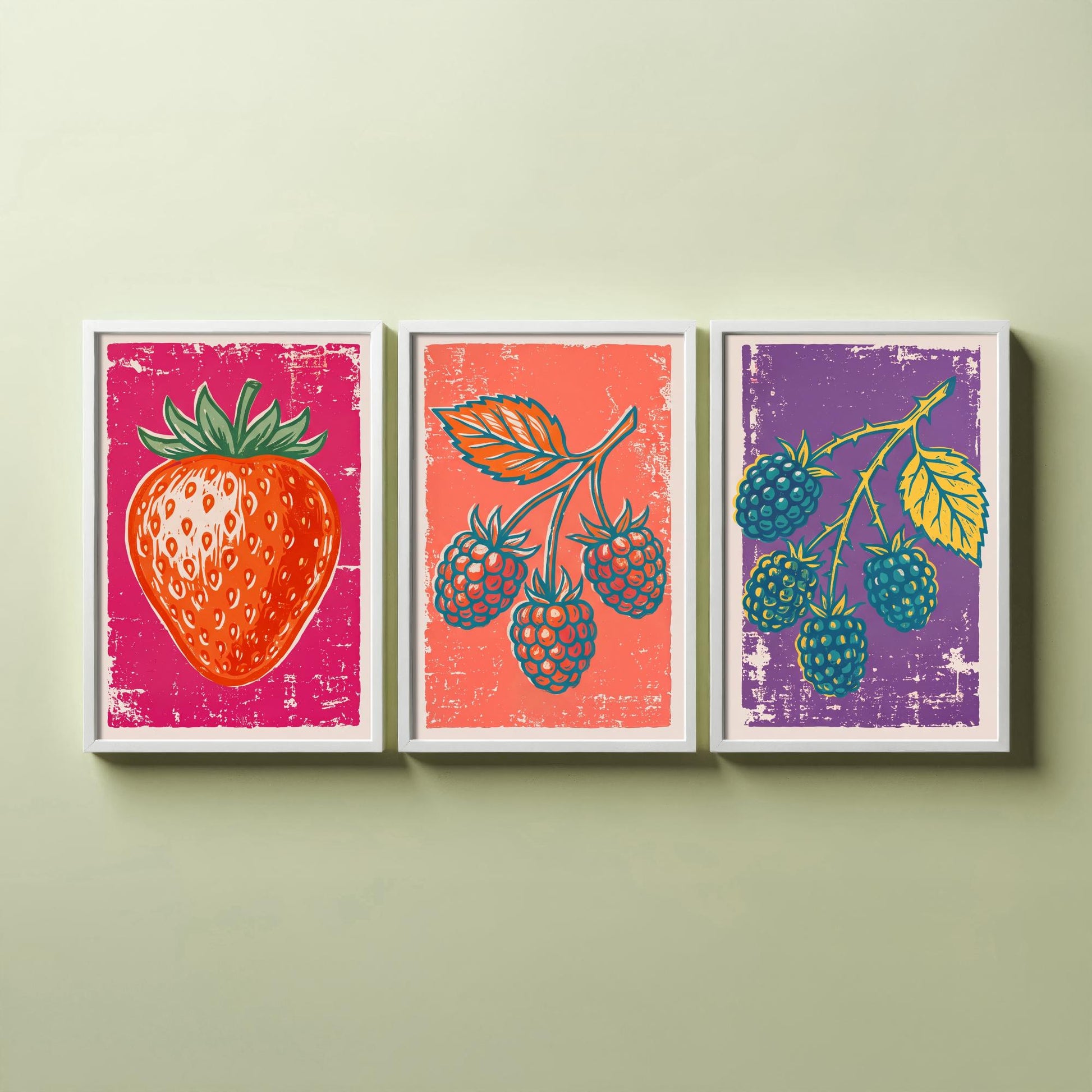 Strawberry, Raspberry and Blackberry - Set of Three Summer Berries Art Prints - Linocut Illustrations - Fruit Kitchen Posters V1