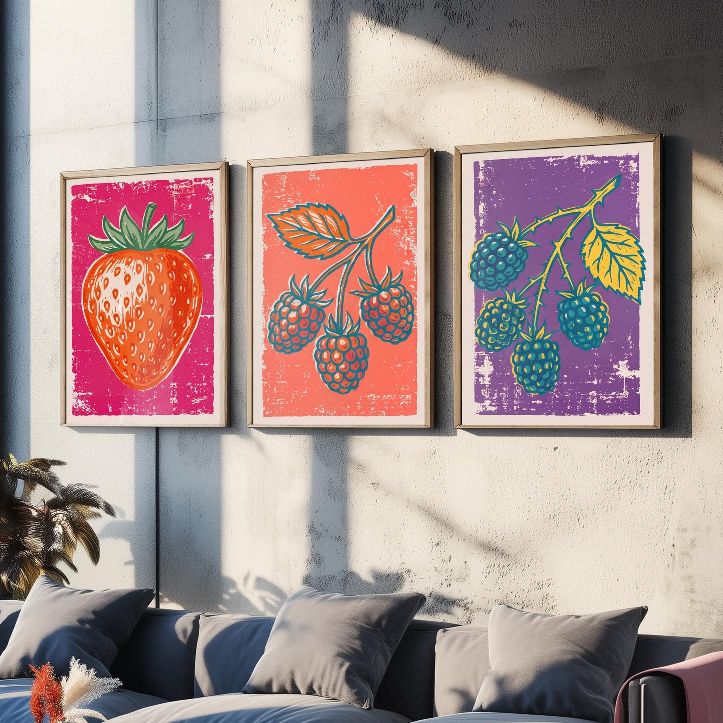 Strawberry, Raspberry and Blackberry - Set of Three Summer Berries Art Prints - Linocut Illustrations - Fruit Kitchen Posters V1