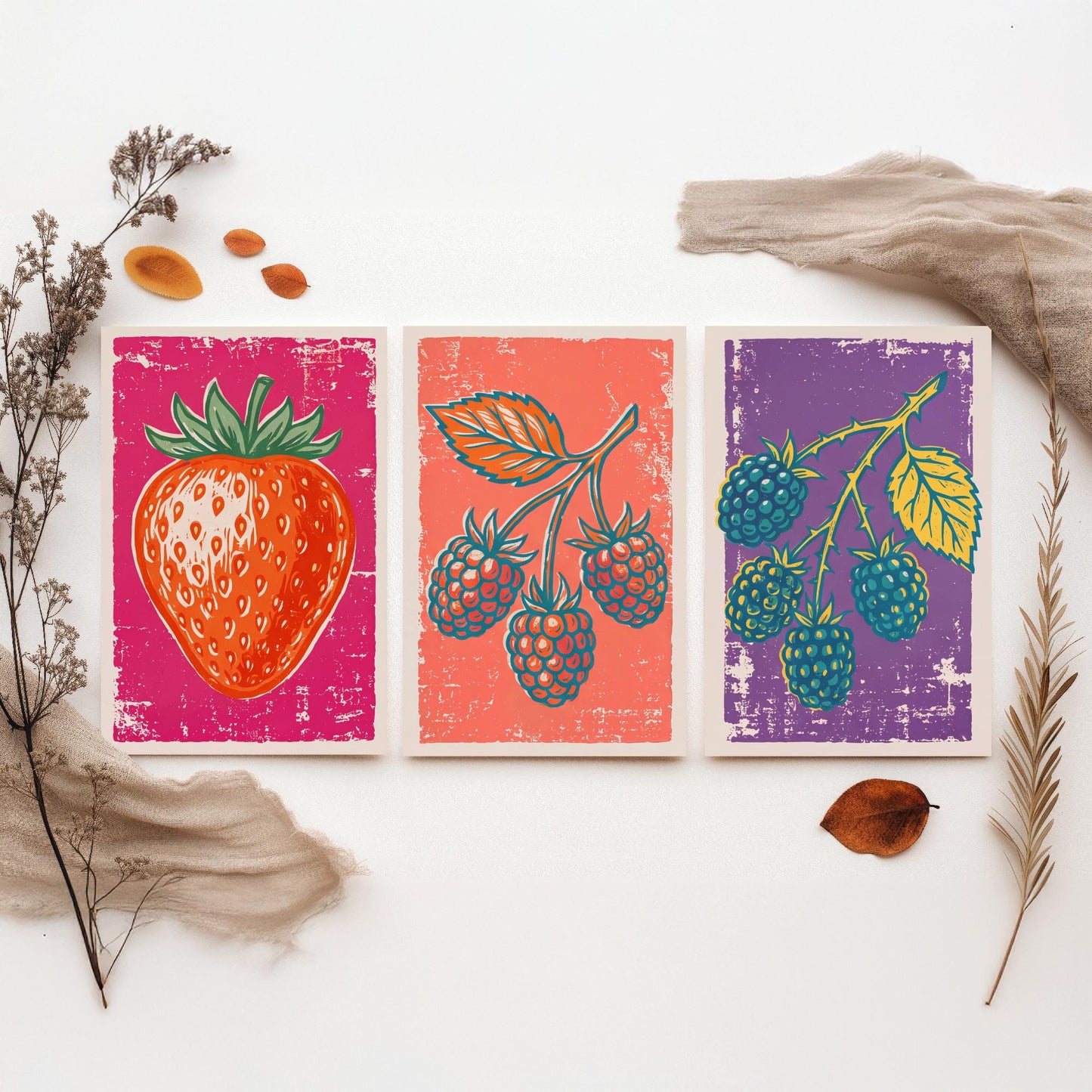 Strawberry, Raspberry and Blackberry - Set of Three Summer Berries Art Prints - Linocut Illustrations - Fruit Kitchen Posters V1