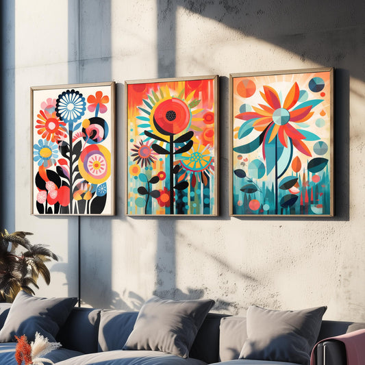 Bright Abstract Flowers Set of Three Art Prints - Mid Century Summer Blooms - Bold Geometric Poster Illustration