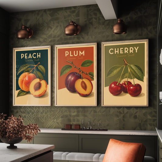 Vintage Summer Fruit Set of Three Kitchen Art Prints - Peach, Plum, Cherry - Retro Foodie Poster Illustration Gift Decor