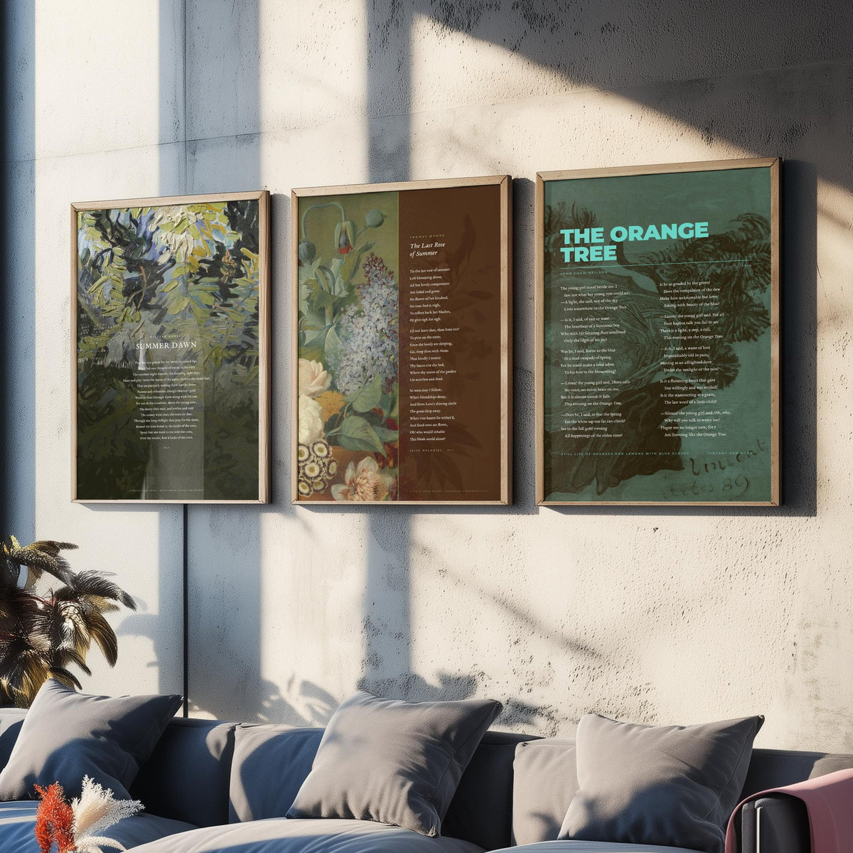 Summer Poems Set of Three Art Prints - Summer Dawn, The Last Rose of Summer, The Orange Tree - Full Poems over Paintings Poetry Poster