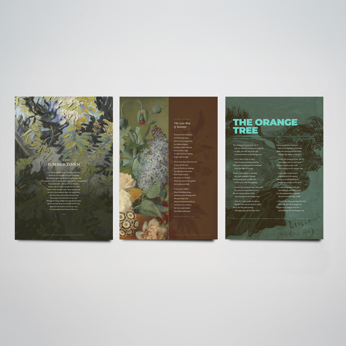 Summer Poems Set of Three Art Prints - Summer Dawn, The Last Rose of Summer, The Orange Tree - Full Poems over Paintings Poetry Poster