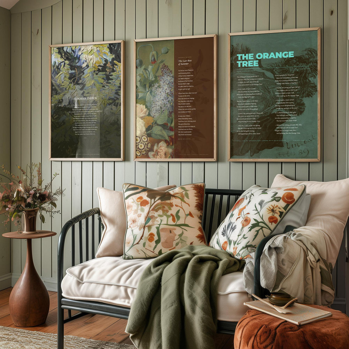 Summer Poems Set of Three Art Prints - Summer Dawn, The Last Rose of Summer, The Orange Tree - Full Poems over Paintings Poetry Poster