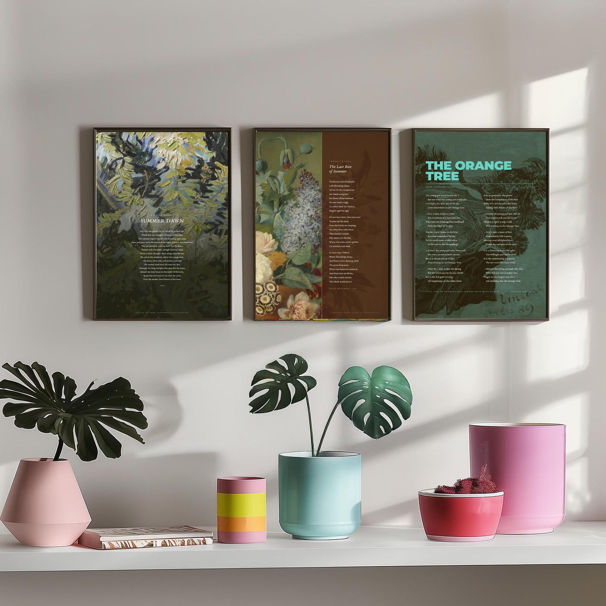 Summer Poems Set of Three Art Prints - Summer Dawn, The Last Rose of Summer, The Orange Tree - Full Poems over Paintings Poetry Poster