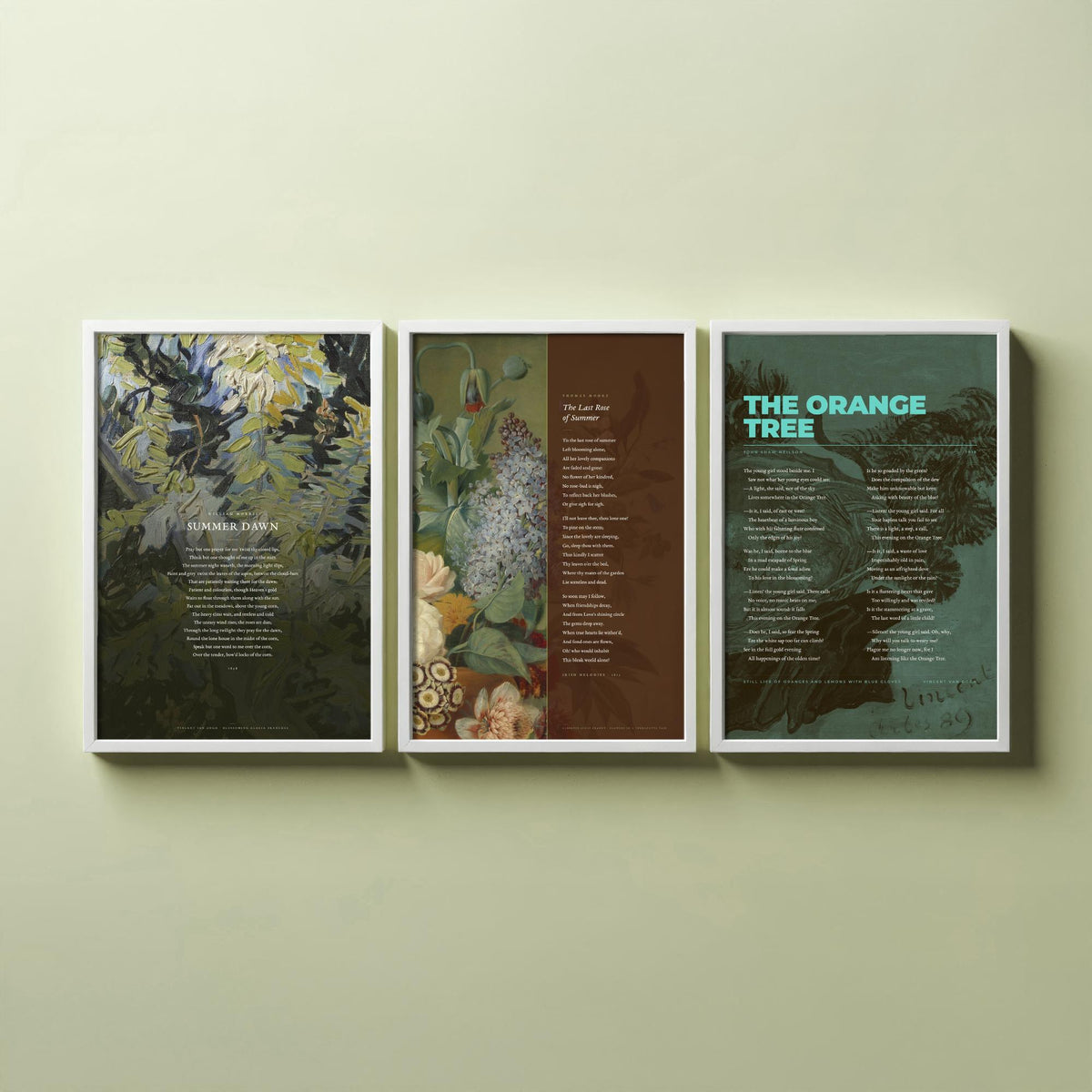 Summer Poems Set of Three Art Prints - Summer Dawn, The Last Rose of Summer, The Orange Tree - Full Poems over Paintings Poetry Poster