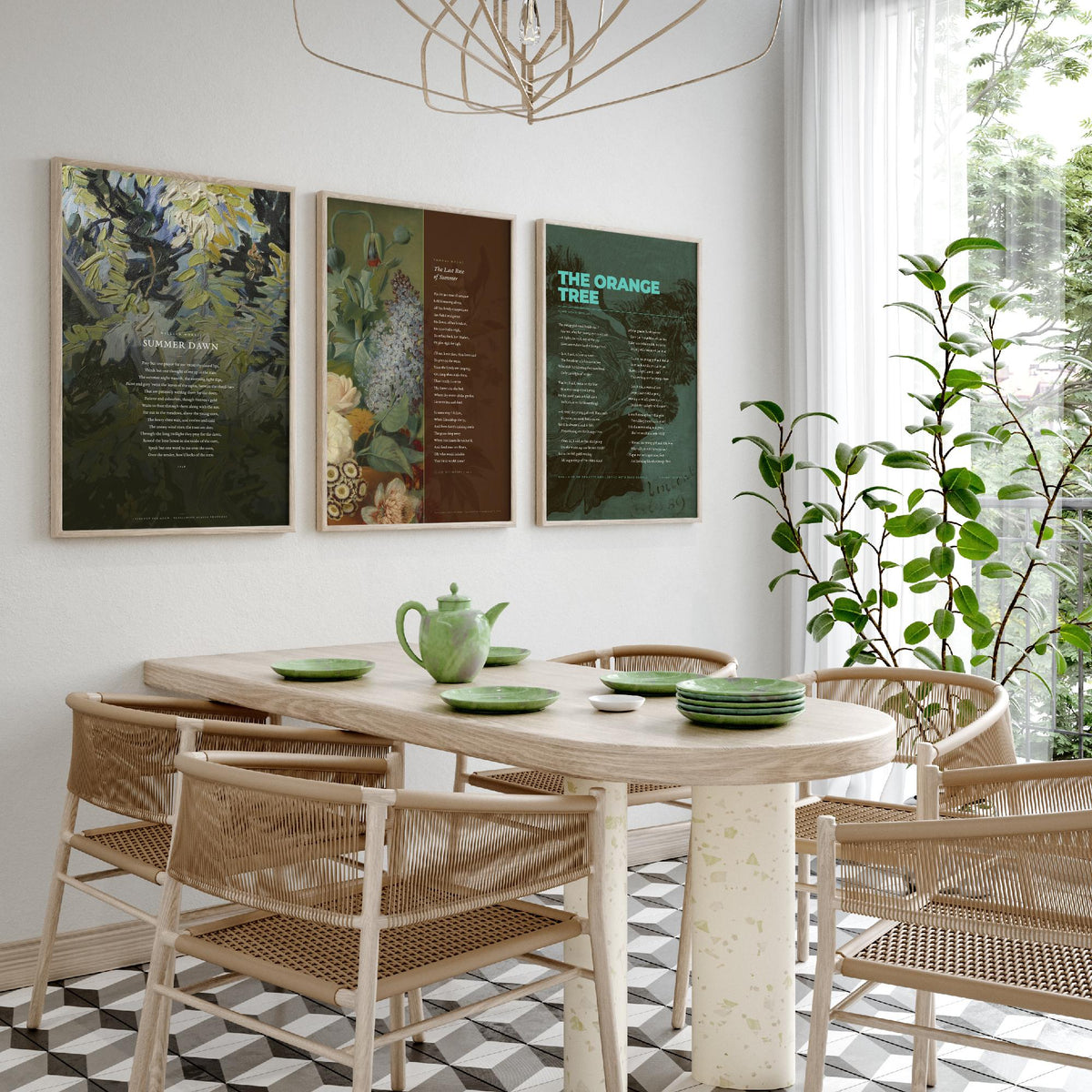 Summer Poems Set of Three Art Prints - Summer Dawn, The Last Rose of Summer, The Orange Tree - Full Poems over Paintings Poetry Poster