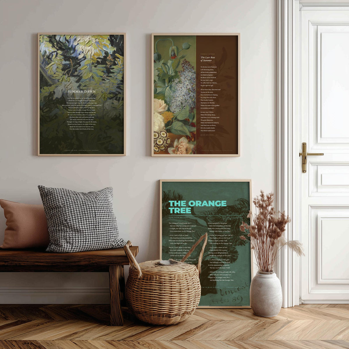 Summer Poems Set of Three Art Prints - Summer Dawn, The Last Rose of Summer, The Orange Tree - Full Poems over Paintings Poetry Poster