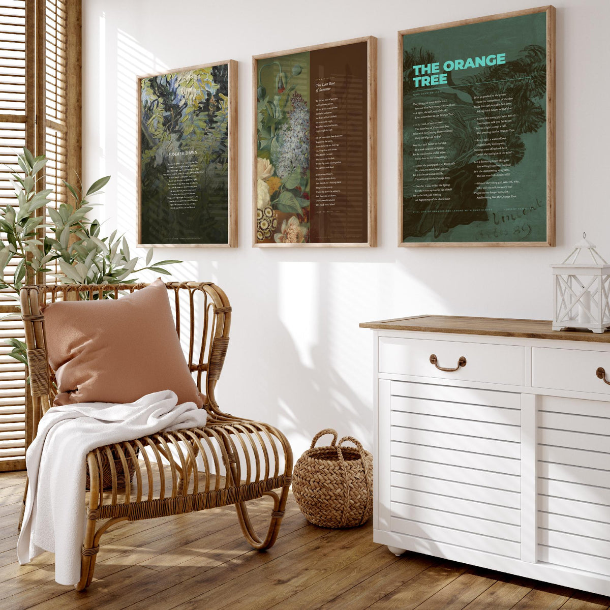 Summer Poems Set of Three Art Prints - Summer Dawn, The Last Rose of Summer, The Orange Tree - Full Poems over Paintings Poetry Poster