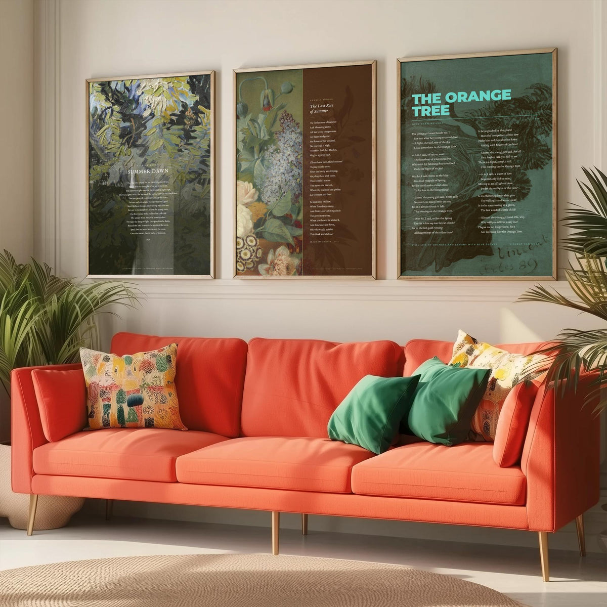 Summer Poems Set of Three Art Prints - Summer Dawn, The Last Rose of Summer, The Orange Tree - Full Poems over Paintings Poetry Poster