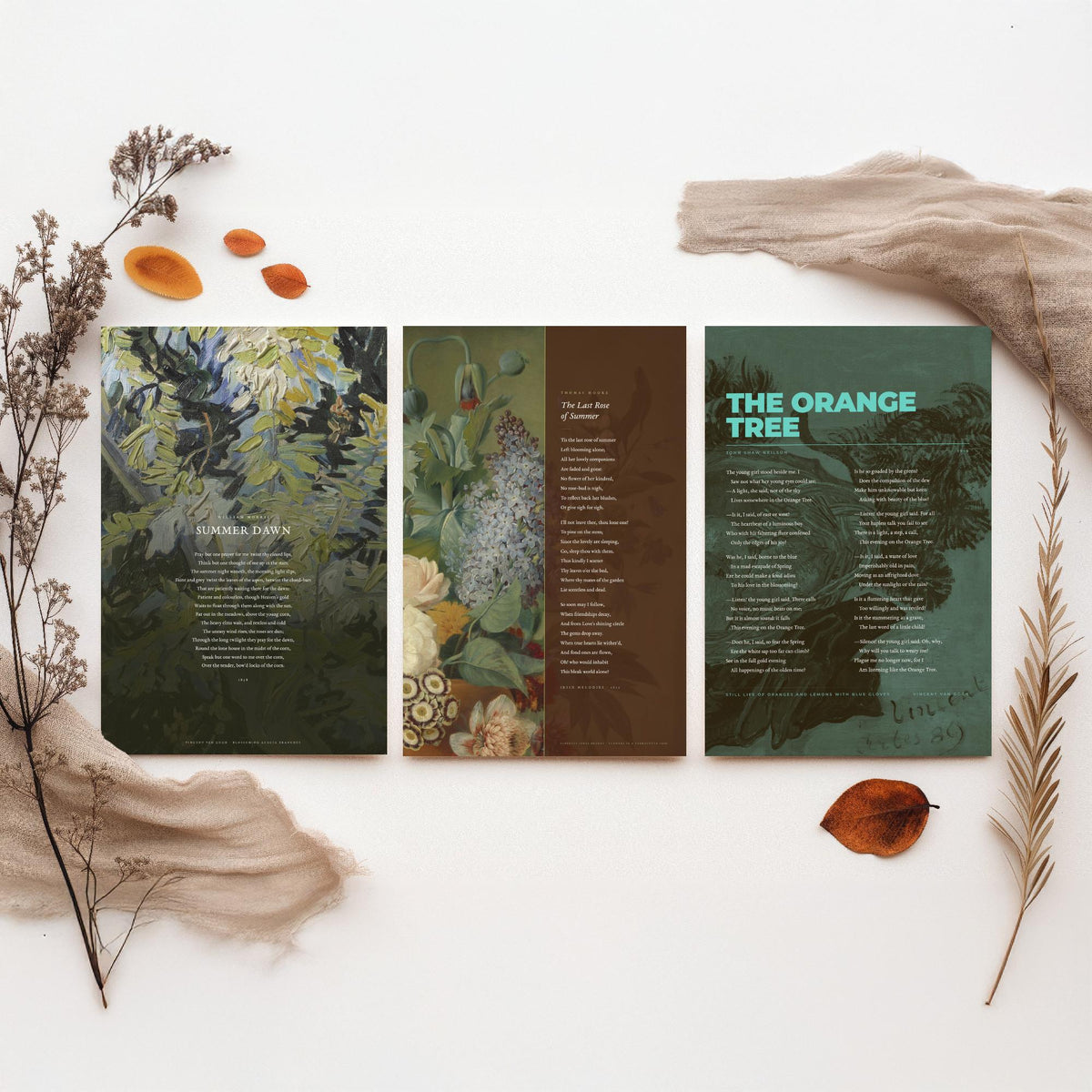 Summer Poems Set of Three Art Prints - Summer Dawn, The Last Rose of Summer, The Orange Tree - Full Poems over Paintings Poetry Poster