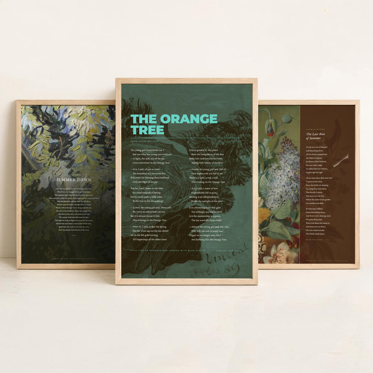 Summer Poems Set of Three Art Prints - Summer Dawn, The Last Rose of Summer, The Orange Tree - Full Poems over Paintings Poetry Poster