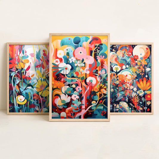 Sun Soaked Colours Abstract Set of Three Art Prints - Tropical Flowers and Shapes - Vivid Maximalist Poster Illustration
