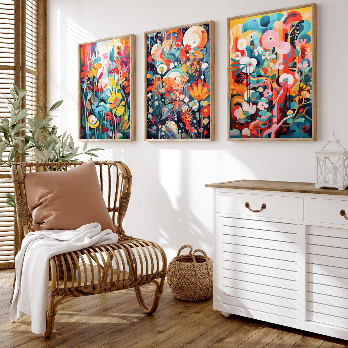 Sun Soaked Colours Abstract Set of Three Art Prints - Tropical Flowers and Shapes - Vivid Maximalist Poster Illustration