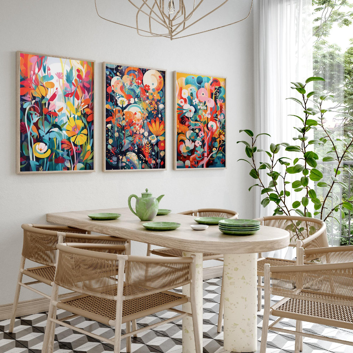 Sun Soaked Colours Abstract Set of Three Art Prints - Tropical Flowers and Shapes - Vivid Maximalist Poster Illustration