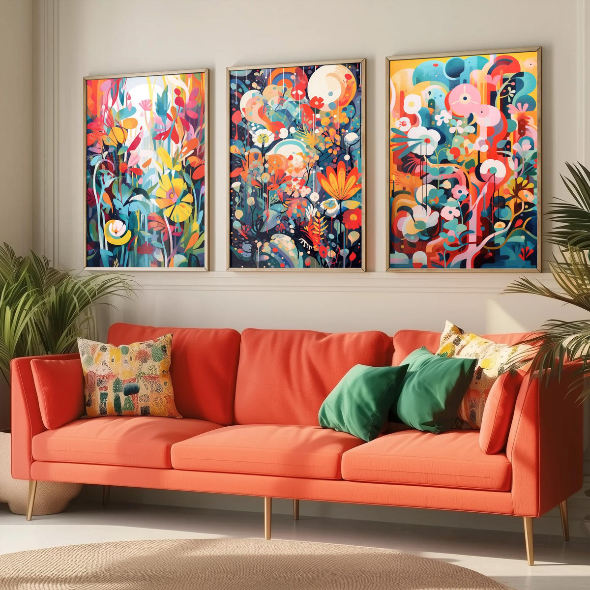 Sun Soaked Colours Abstract Set of Three Art Prints - Tropical Flowers and Shapes - Vivid Maximalist Poster Illustration