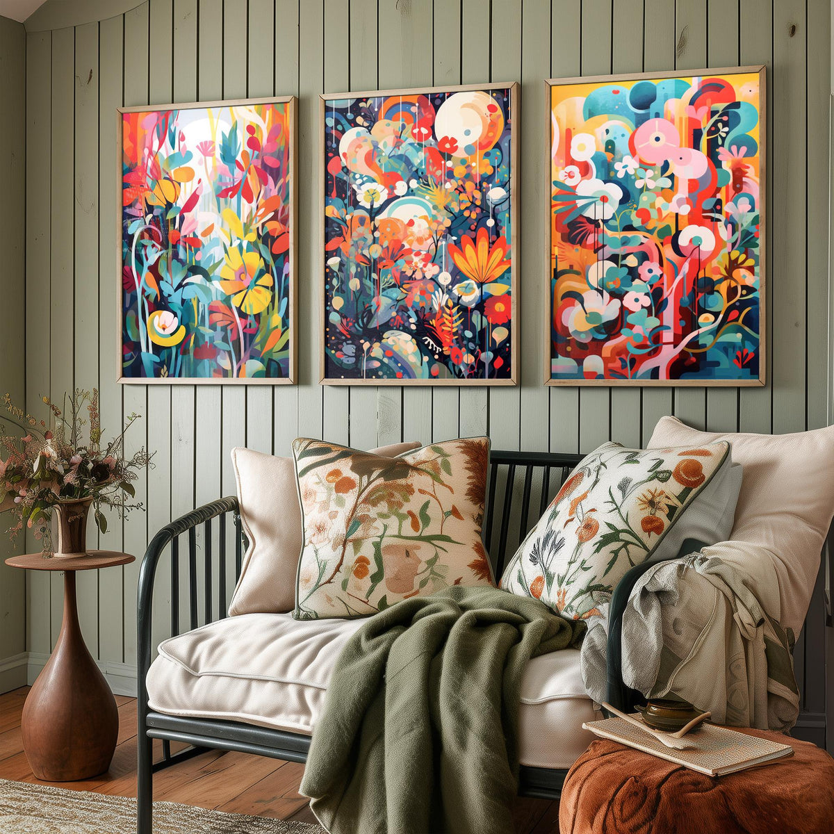 Sun Soaked Colours Abstract Set of Three Art Prints - Tropical Flowers and Shapes - Vivid Maximalist Poster Illustration