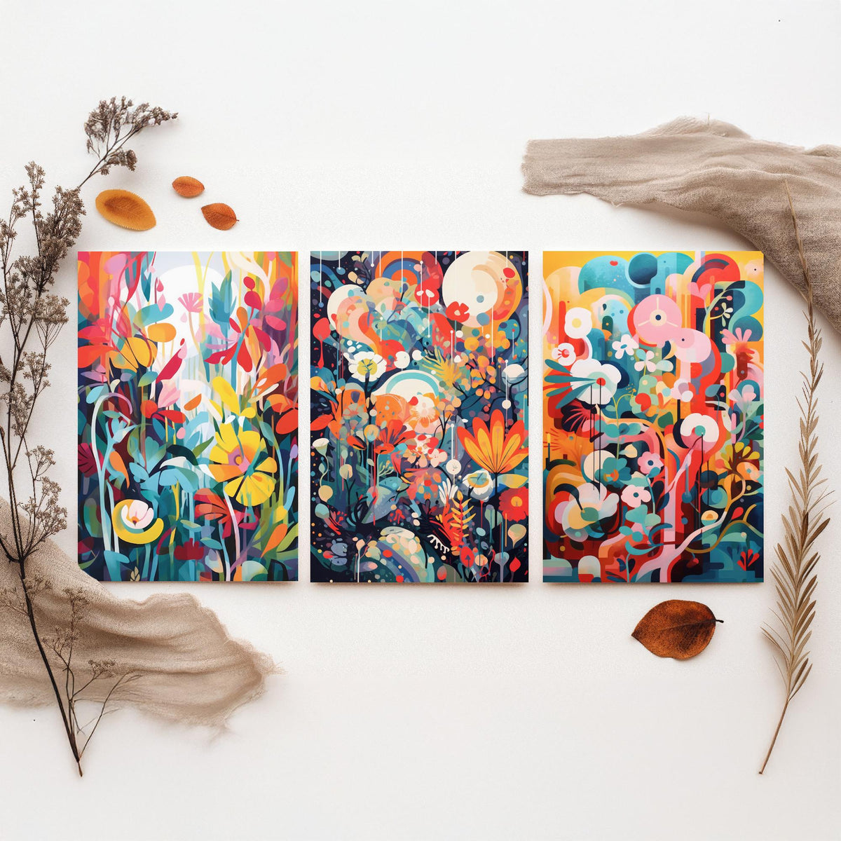 Sun Soaked Colours Abstract Set of Three Art Prints - Tropical Flowers and Shapes - Vivid Maximalist Poster Illustration
