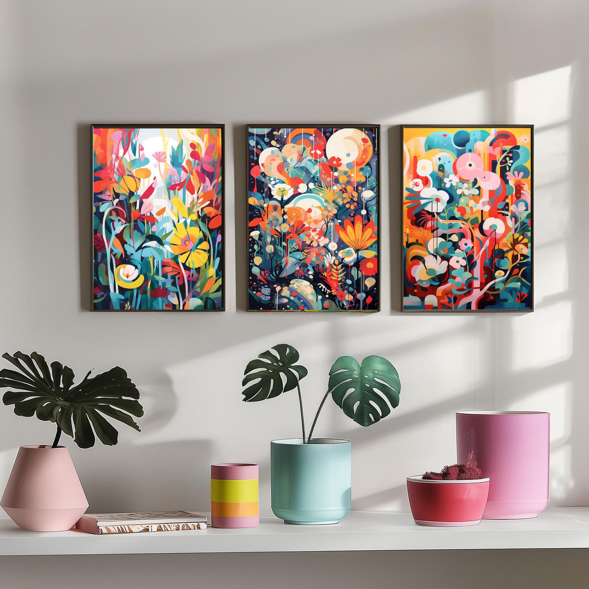 Sun Soaked Colours Abstract Set of Three Art Prints - Tropical Flowers and Shapes - Vivid Maximalist Poster Illustration