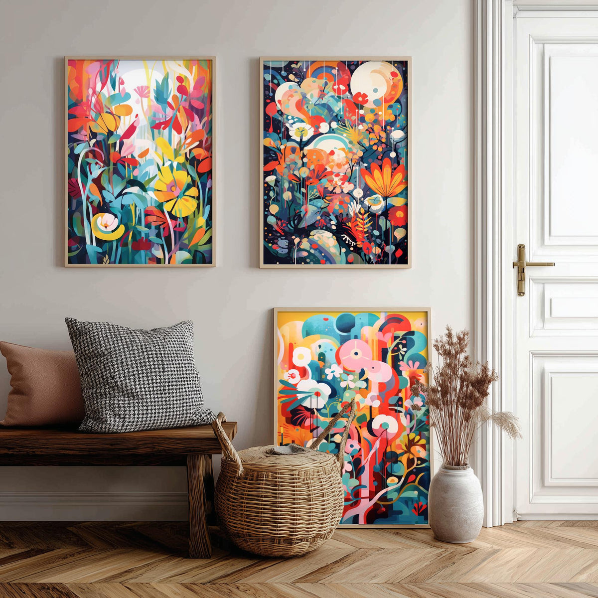Sun Soaked Colours Abstract Set of Three Art Prints - Tropical Flowers and Shapes - Vivid Maximalist Poster Illustration
