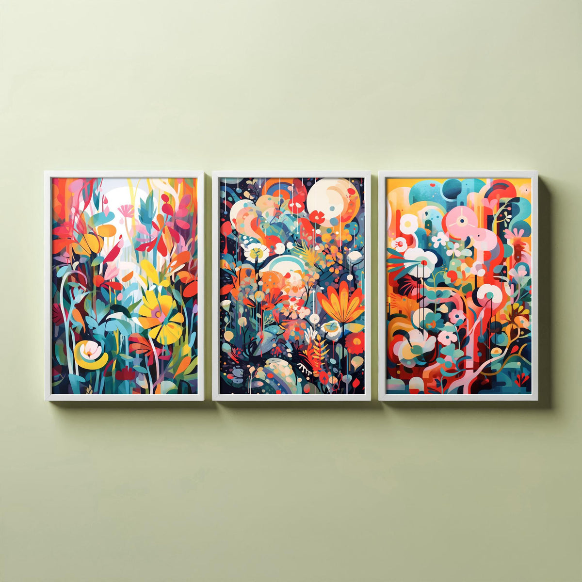 Sun Soaked Colours Abstract Set of Three Art Prints - Tropical Flowers and Shapes - Vivid Maximalist Poster Illustration