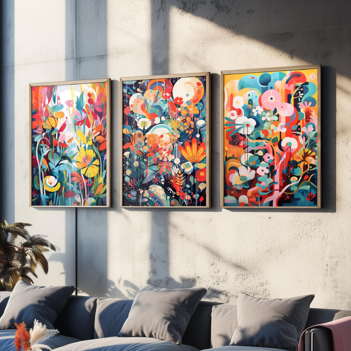 Sun Soaked Colours Abstract Set of Three Art Prints - Tropical Flowers and Shapes - Vivid Maximalist Poster Illustration