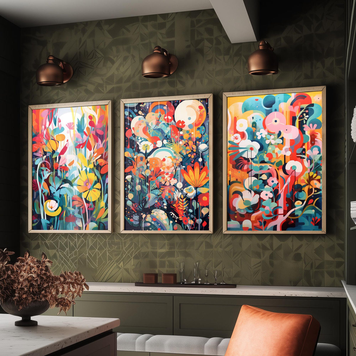 Sun Soaked Colours Abstract Set of Three Art Prints - Tropical Flowers and Shapes - Vivid Maximalist Poster Illustration