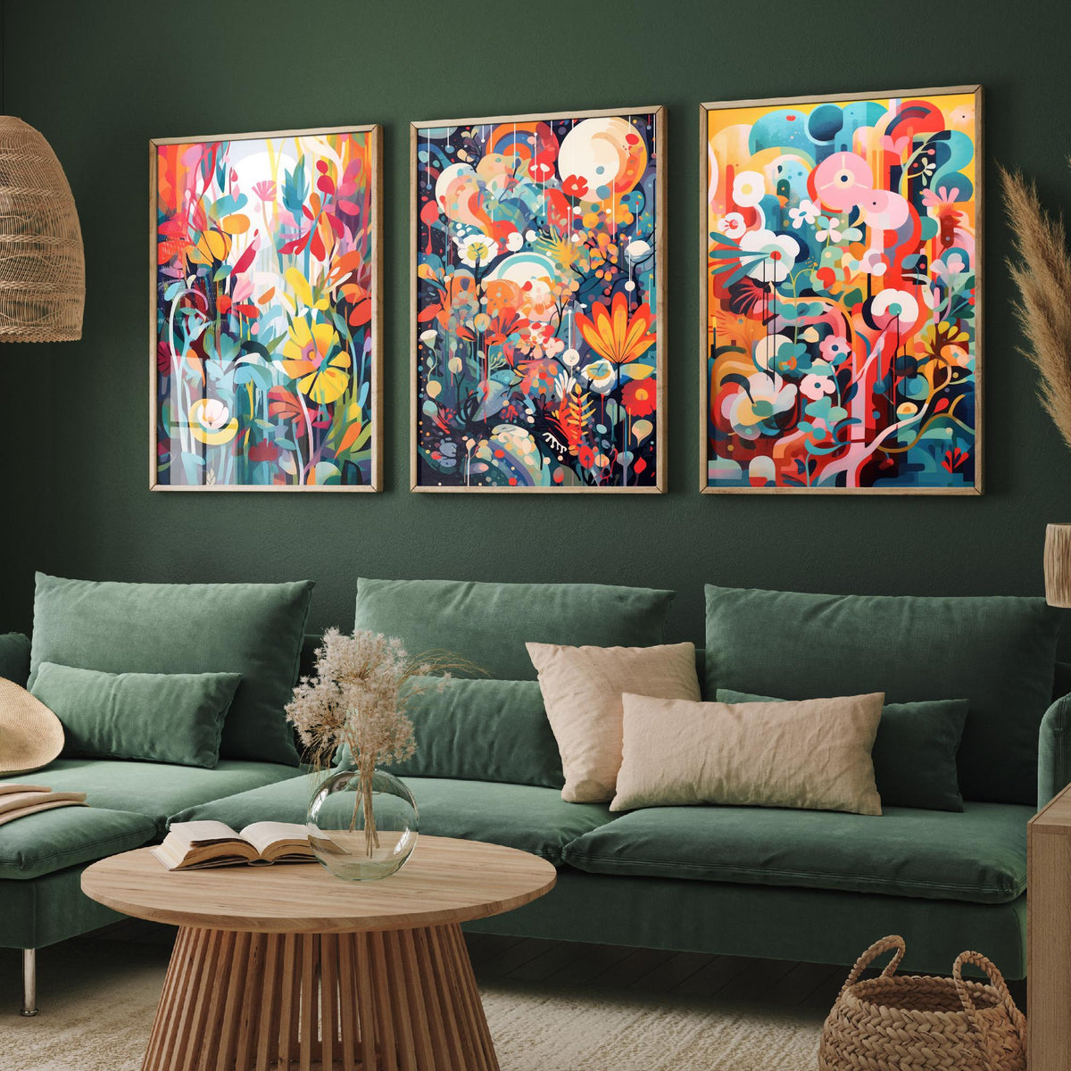 Sun Soaked Colours Abstract Set of Three Art Prints - Tropical Flowers and Shapes - Vivid Maximalist Poster Illustration