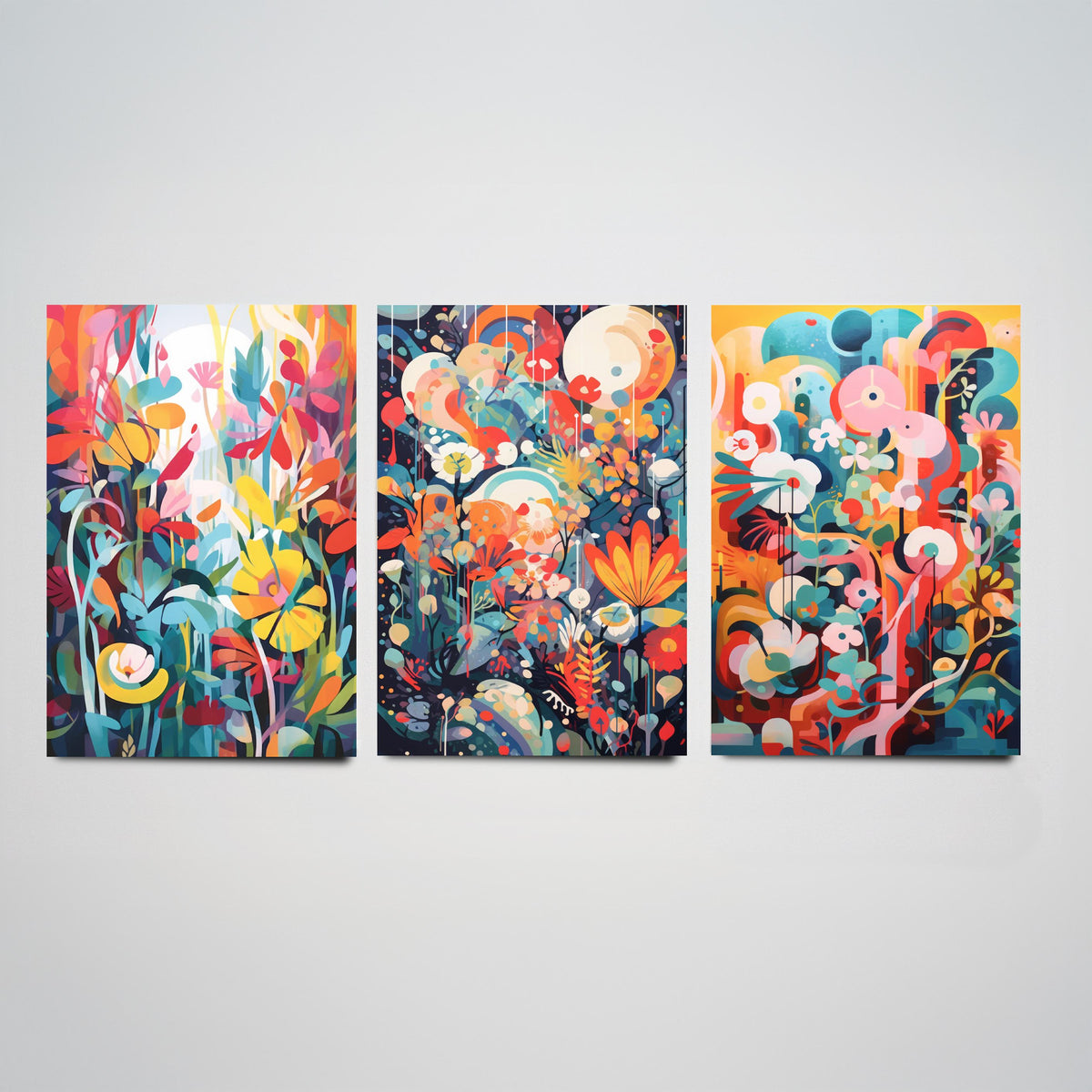 Sun Soaked Colours Abstract Set of Three Art Prints - Tropical Flowers and Shapes - Vivid Maximalist Poster Illustration