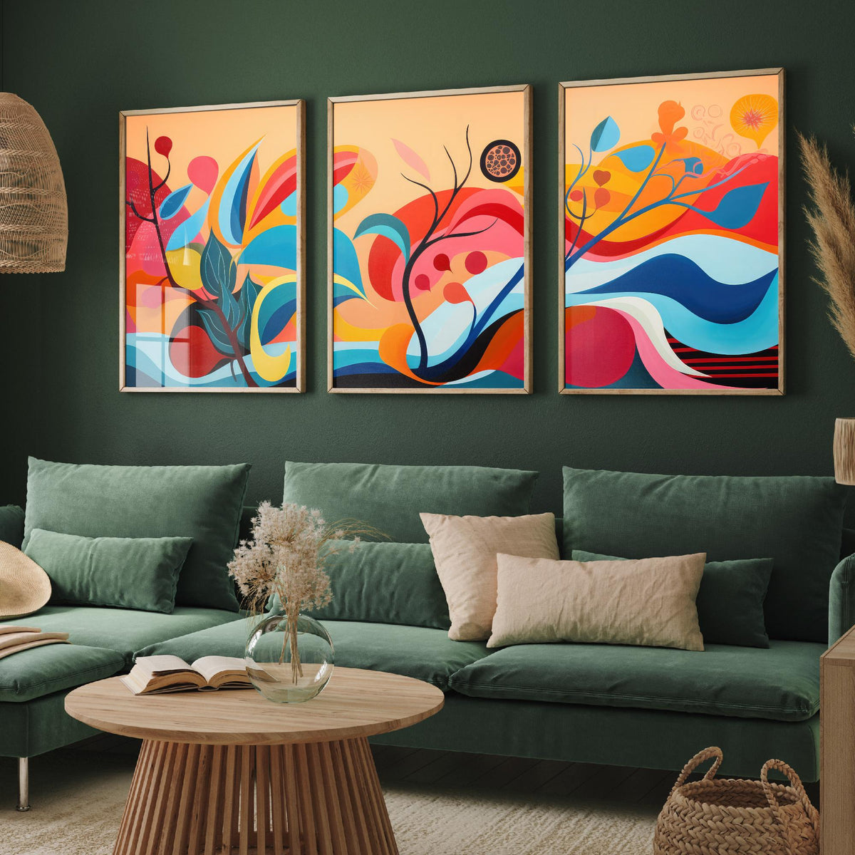 Sun Soaked Colours Set of Three Art Prints - Flowing Abstract Leaves and Waves - Panoramic Bold Poster Illustration V1
