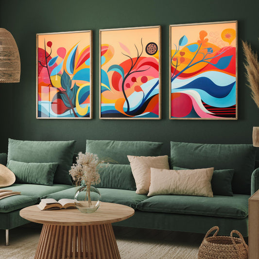 Sun Soaked Colours Set of Three Art Prints - Flowing Abstract Leaves and Waves - Panoramic Bold Poster Illustration V1