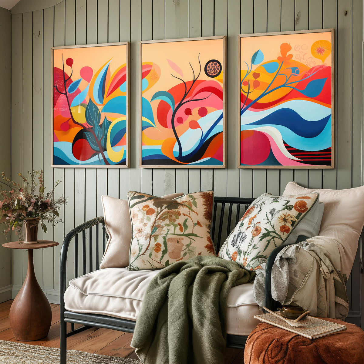 Sun Soaked Colours Set of Three Art Prints - Flowing Abstract Leaves and Waves - Panoramic Bold Poster Illustration V1