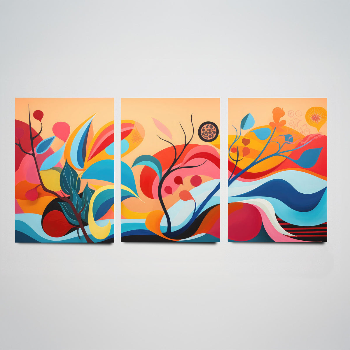 Sun Soaked Colours Set of Three Art Prints - Flowing Abstract Leaves and Waves - Panoramic Bold Poster Illustration V1