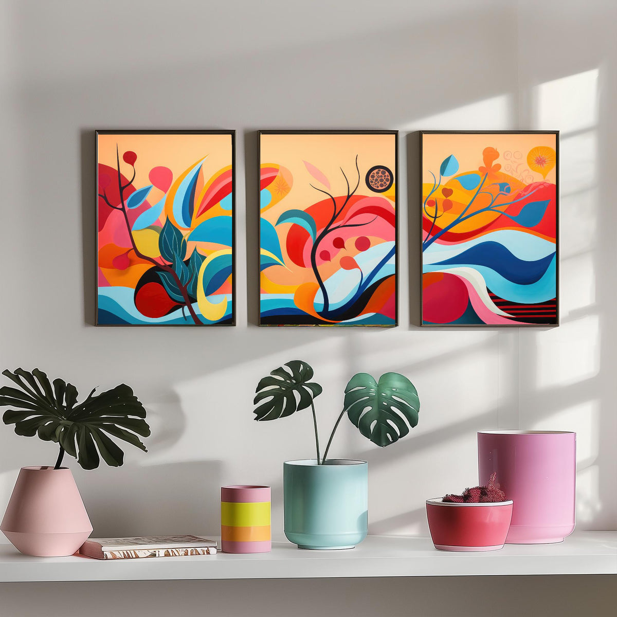 Sun Soaked Colours Set of Three Art Prints - Flowing Abstract Leaves and Waves - Panoramic Bold Poster Illustration V1