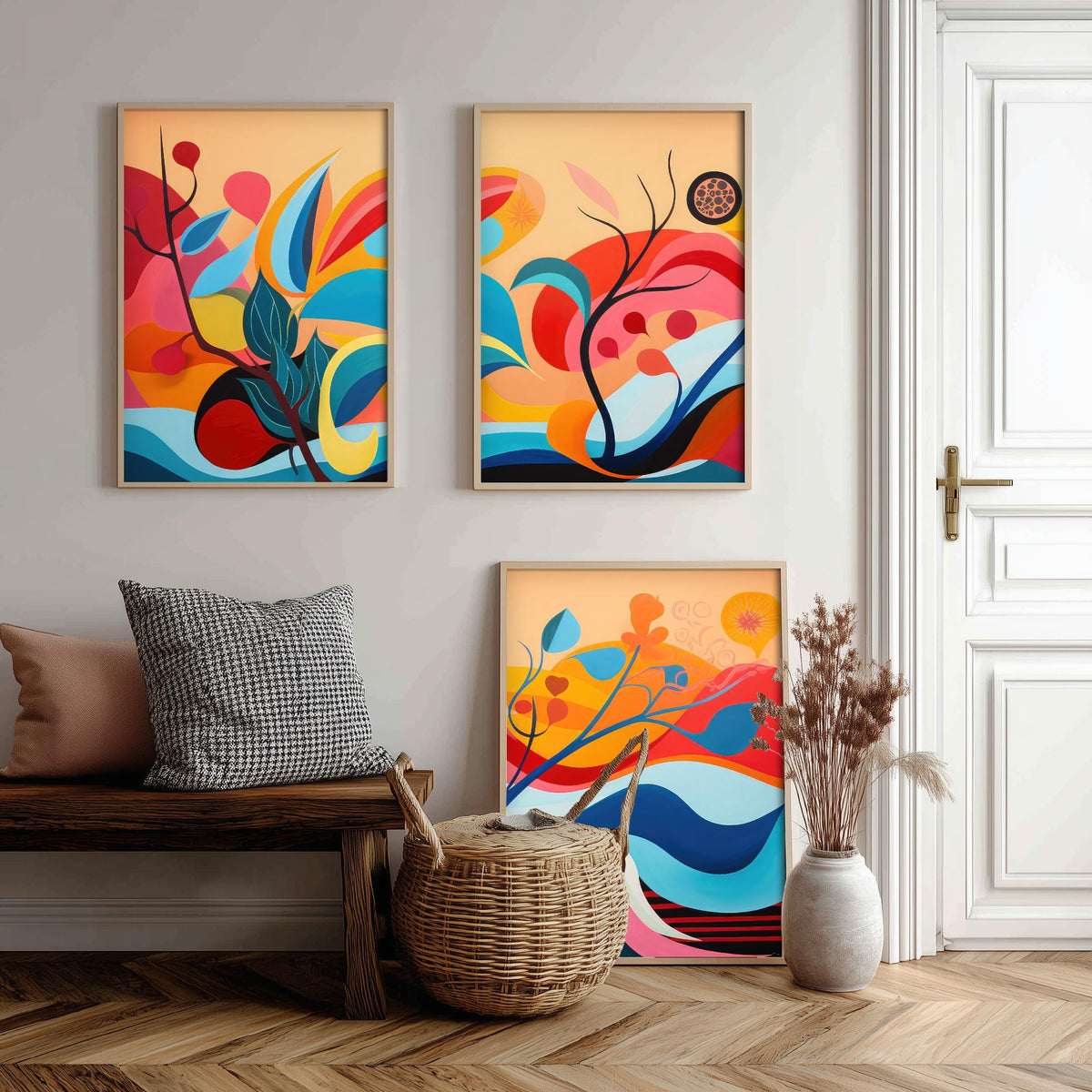 Sun Soaked Colours Set of Three Art Prints - Flowing Abstract Leaves and Waves - Panoramic Bold Poster Illustration V1