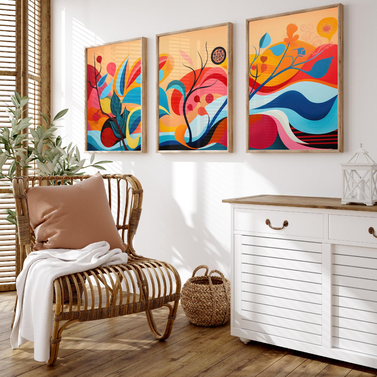 Sun Soaked Colours Set of Three Art Prints - Flowing Abstract Leaves and Waves - Panoramic Bold Poster Illustration V1