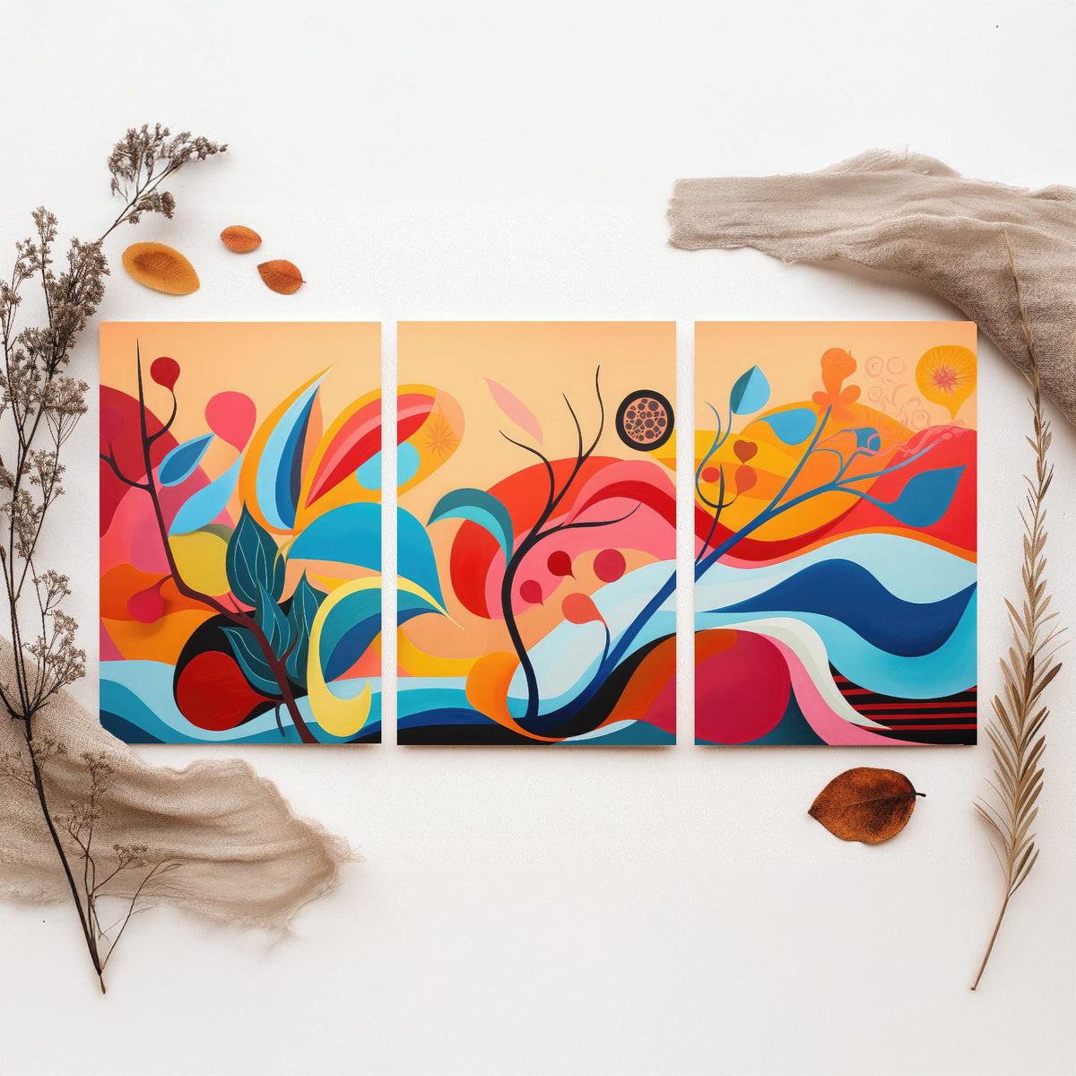 Sun Soaked Colours Set of Three Art Prints - Flowing Abstract Leaves and Waves - Panoramic Bold Poster Illustration V1